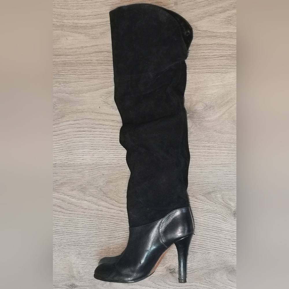 Y2K Vintage BLACK Knee-high Suede Shearling leather Boots - TheStyleMinr.com